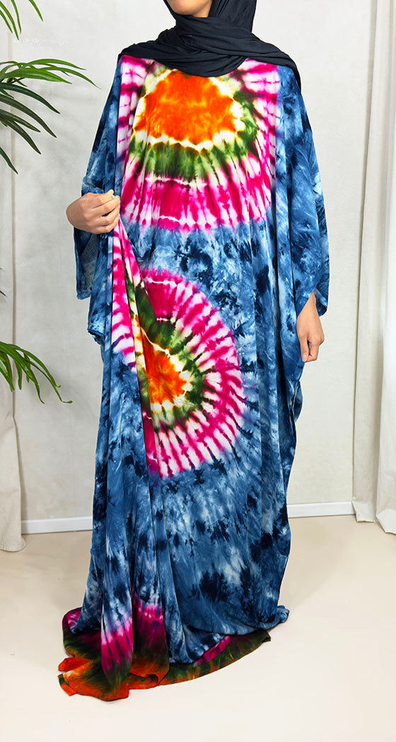 Blue tie-dye cotton baati maxi dress showing the relaxed farasha drape