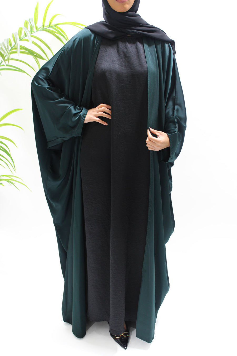 Open farasha over-layer of the bottle green abaya set