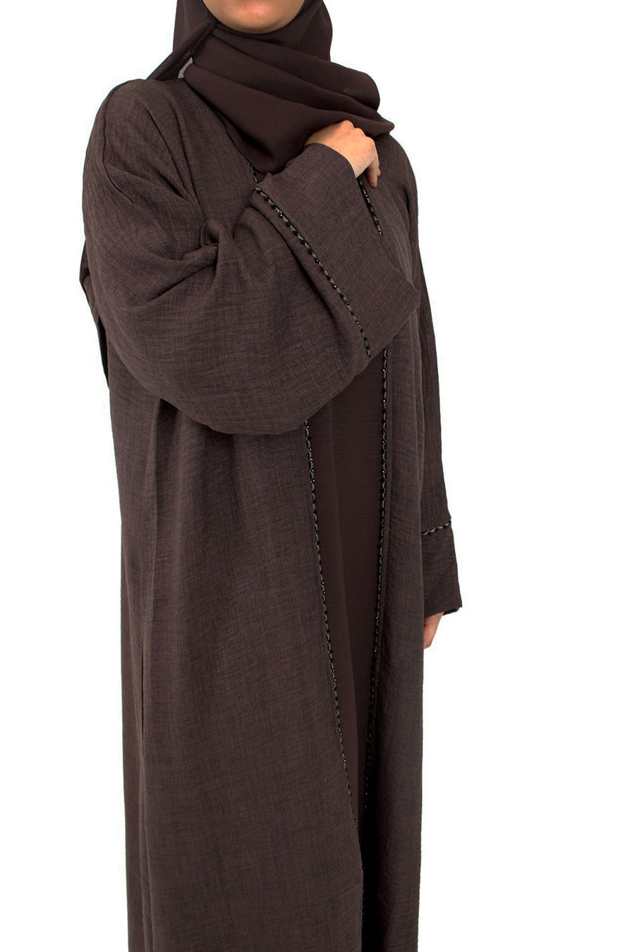 Brown open abaya set with matching scarf and belt