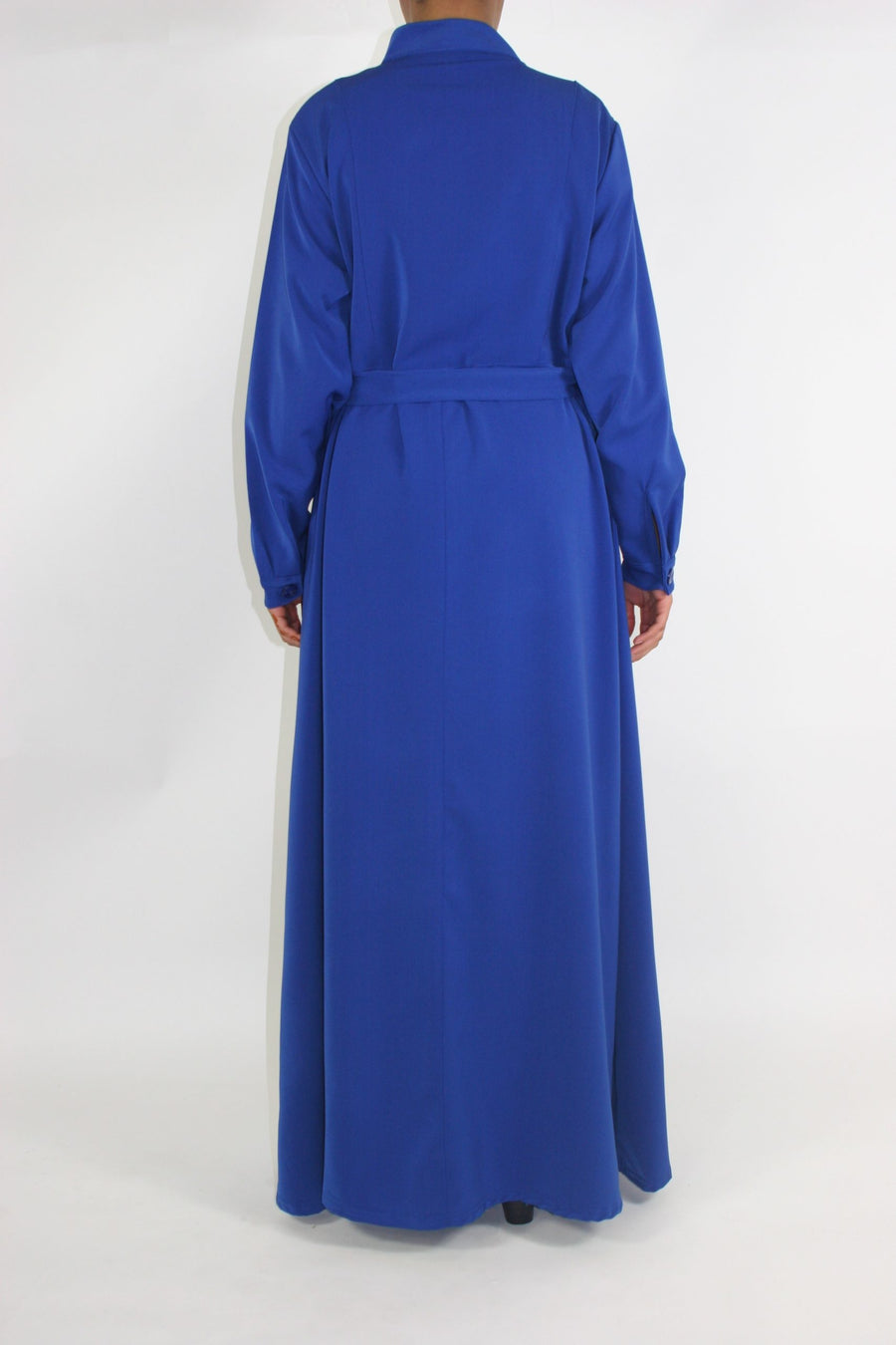 Blue maxi jacket showing collared neck and button front