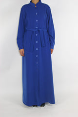 Cobalt blue long sleeve maxi jacket with belt, front view