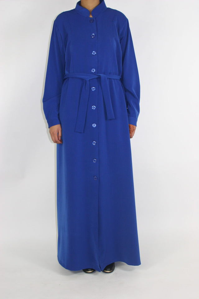 Cobalt blue long sleeve maxi jacket with belt, front view