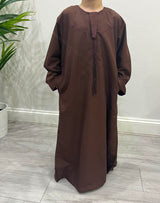 Boys chocolate brown Emirati thobe front view