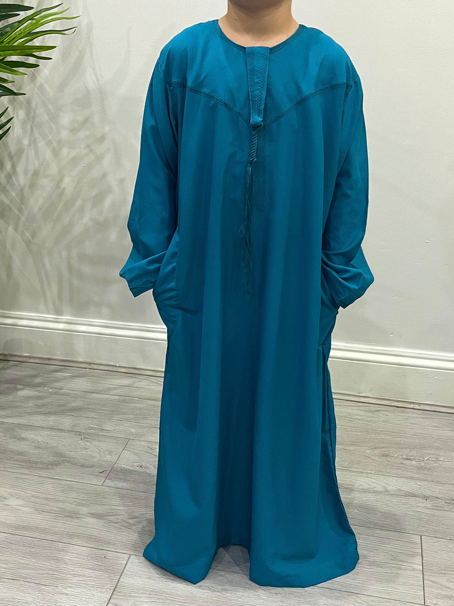Boys teal Emirati thobe with removable tassel detail