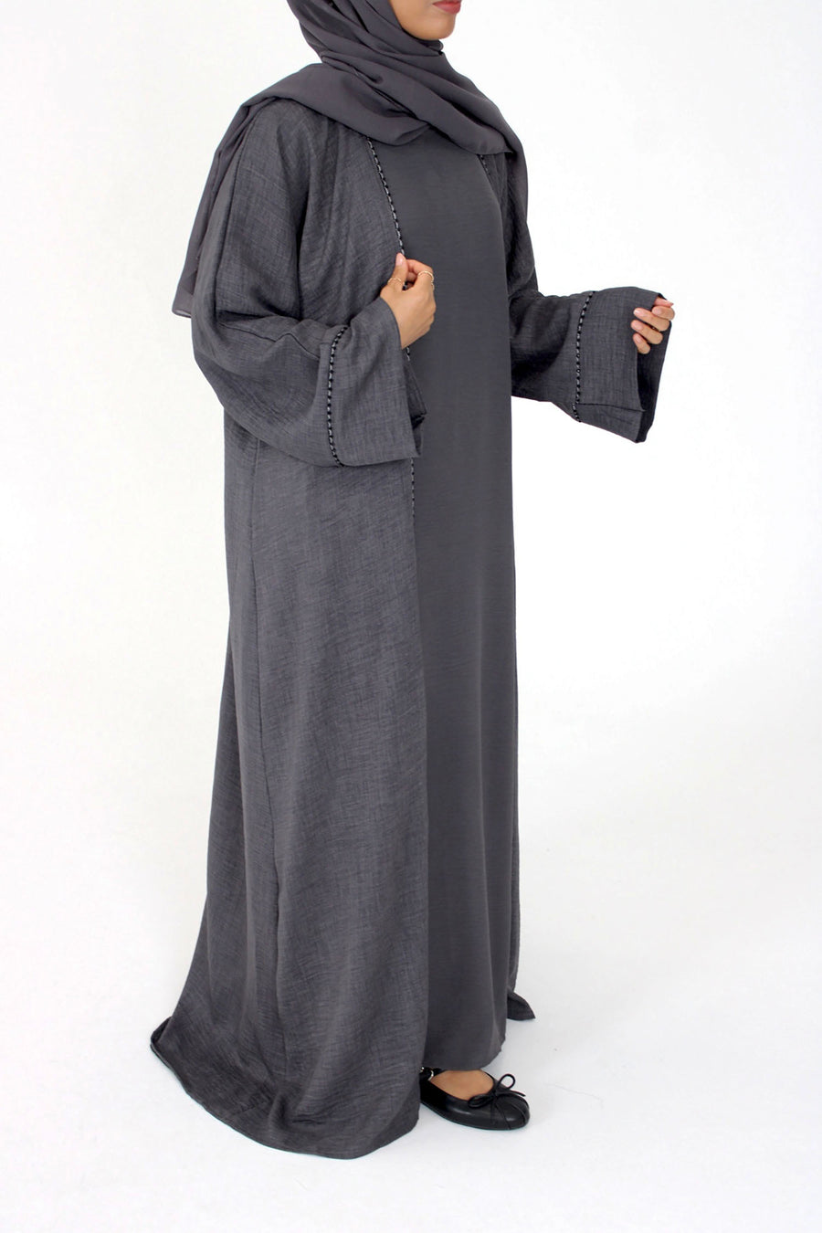 Belt and scarf included with the charcoal grey abaya set
