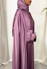 Heather mauve Armani satin three-piece cape abaya set, front view with belted cape and matching scarf