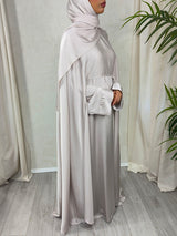 Nude Armani satin three-piece cape abaya set, front view with belted cape and matching scarf