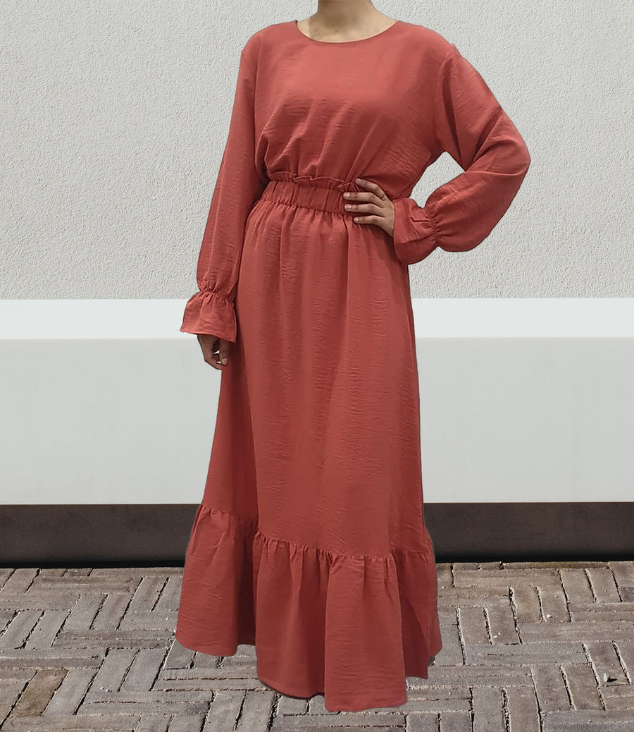 Coral modest maxi dress with long sleeves front view