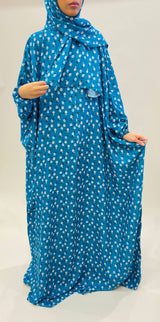 Dark turquoise cotton floral prayer dress with attached hijab, front view
