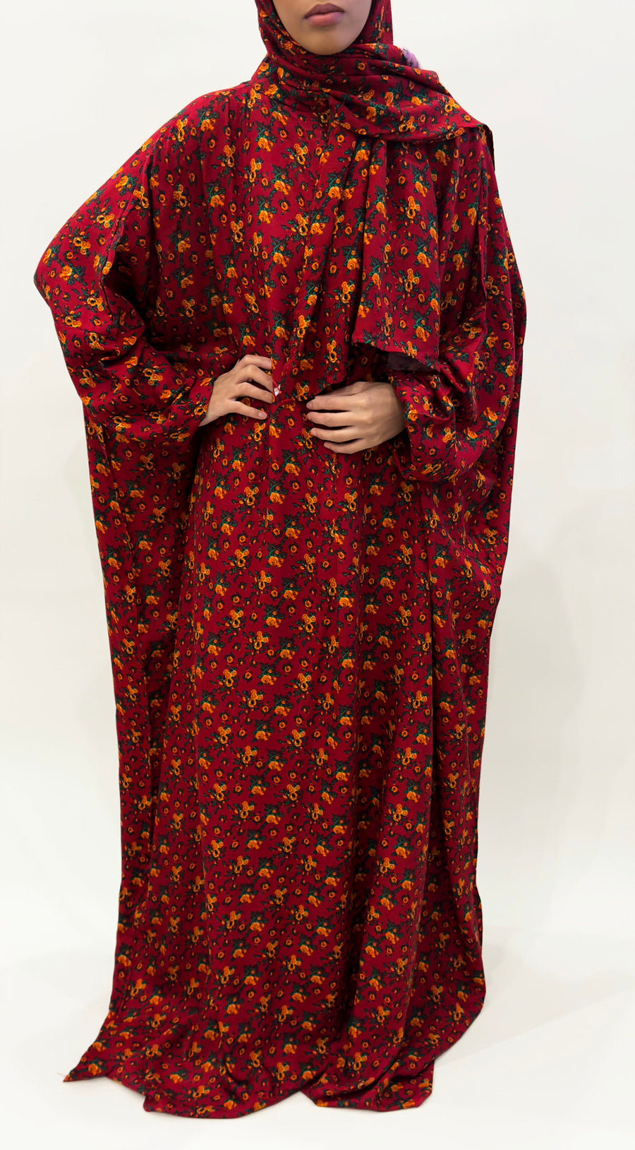 Orange flower cotton floral prayer dress with attached hijab, front view