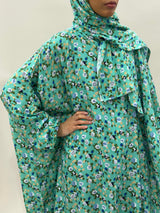 Persian green cotton floral prayer dress with attached hijab, front view