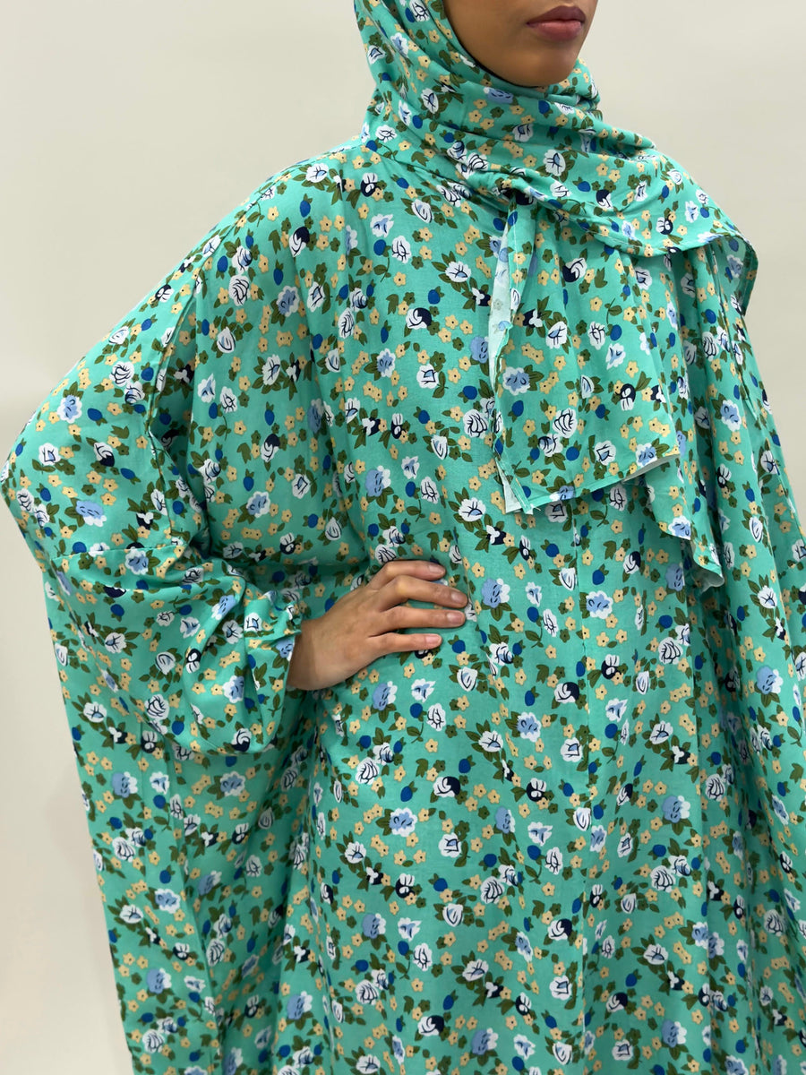 Persian green cotton floral prayer dress with attached hijab, front view