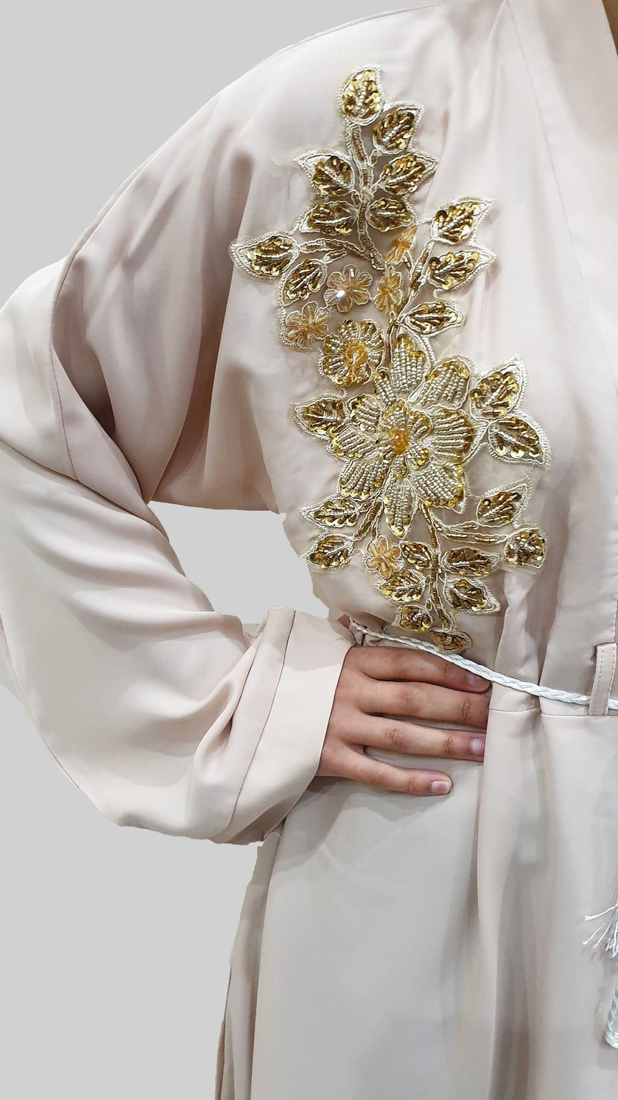 Cream Neda abaya with gold floral design and matching hijab