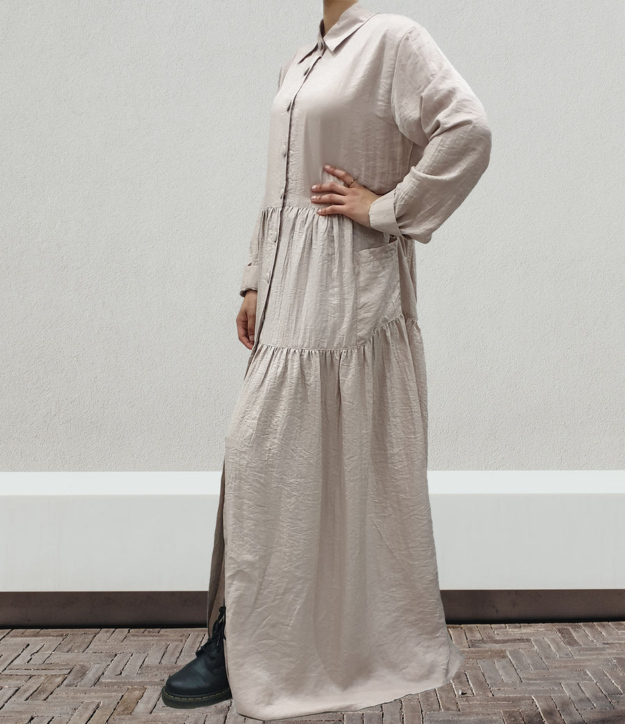 Taupe shimmer maxi shirt dress with front pocket detail