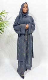 Woman wearing Amani's grey double chiffon embellished open abaya