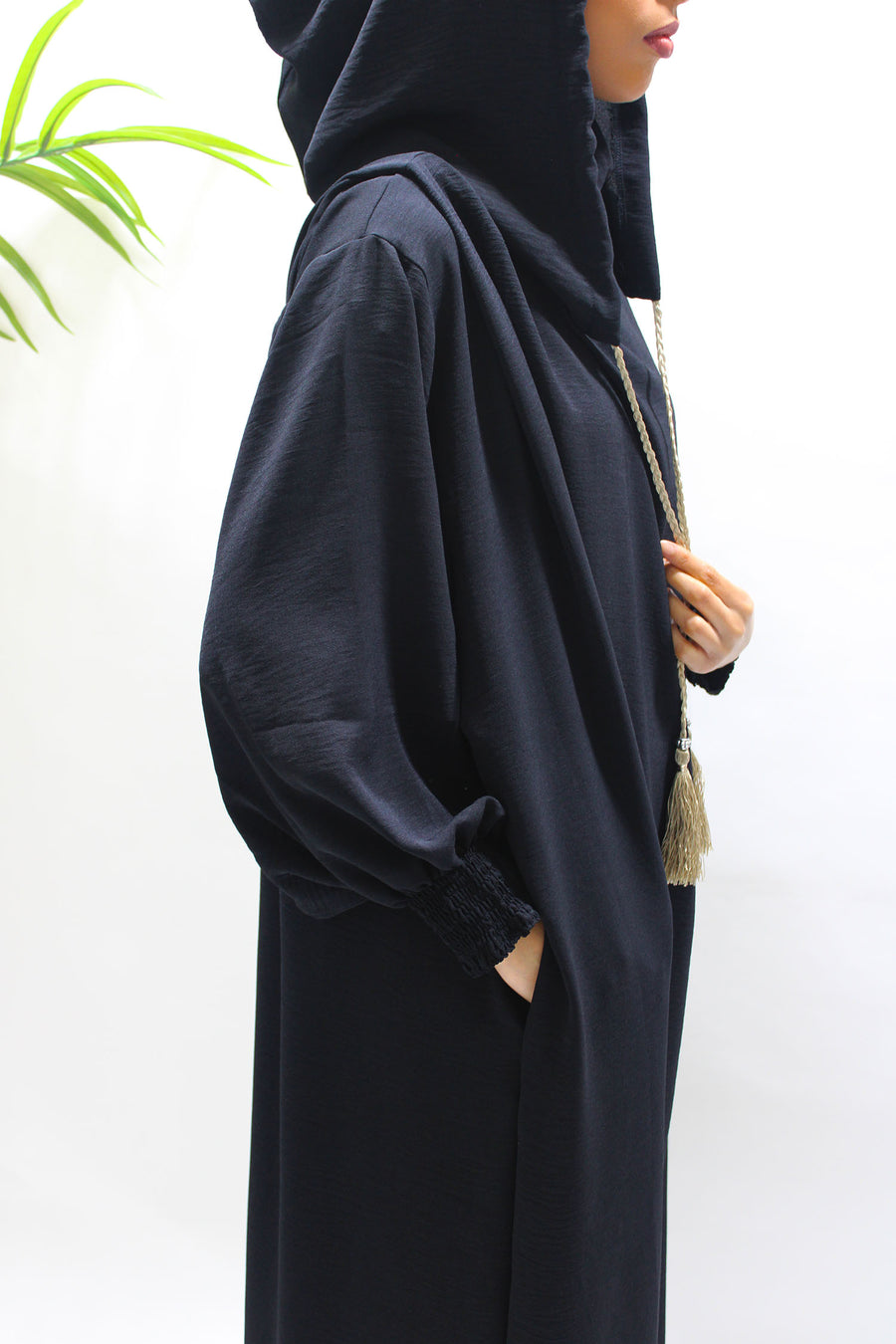 Black prayer abaya showing the double hood