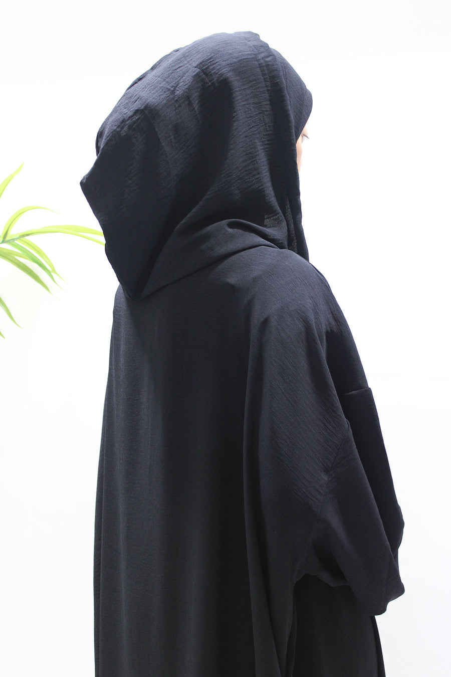 Black double hooded prayer abaya, full-length view