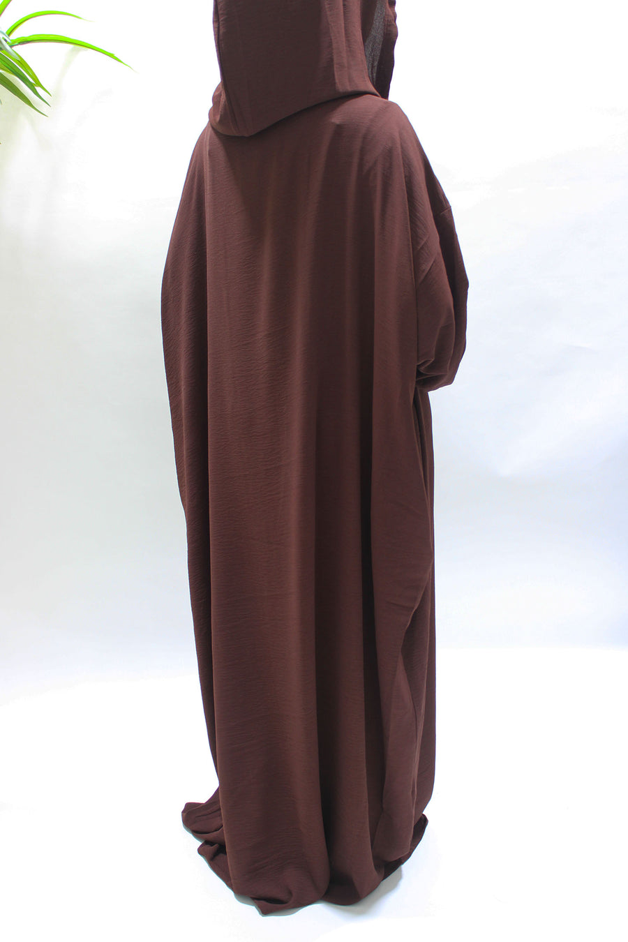 Brown double hooded prayer abaya, full-length view