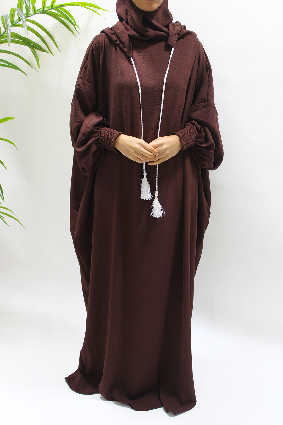 Brown prayer abaya showing the double hood