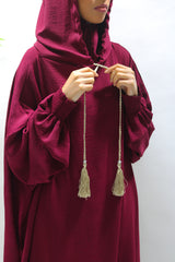 Burgundy double hooded prayer abaya, front view