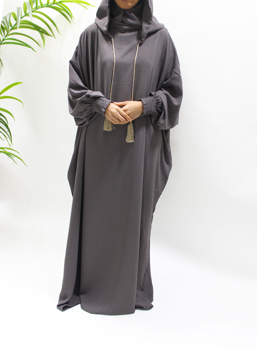 Moon grey prayer abaya showing the double hood