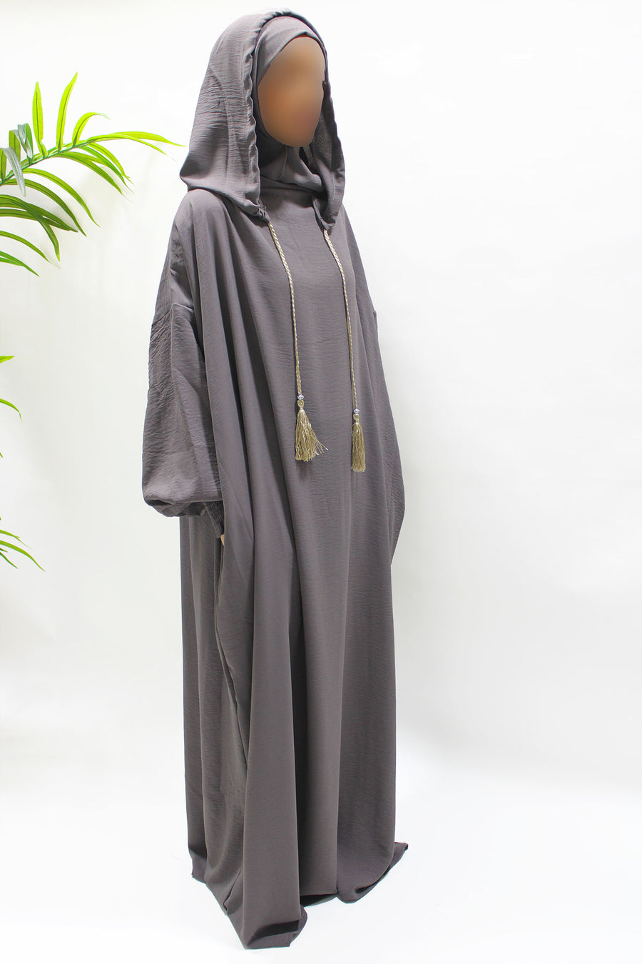 Moon grey prayer abaya showing the ruched cuffs for wudu
