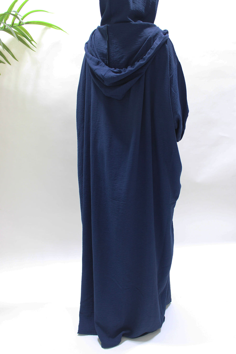 Navy double hooded prayer abaya, full-length view