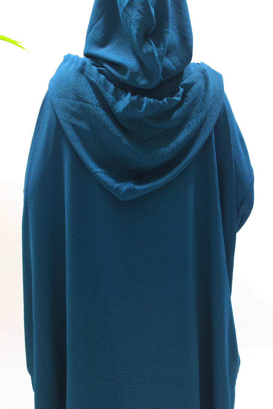 Teal double hooded prayer abaya, full-length view