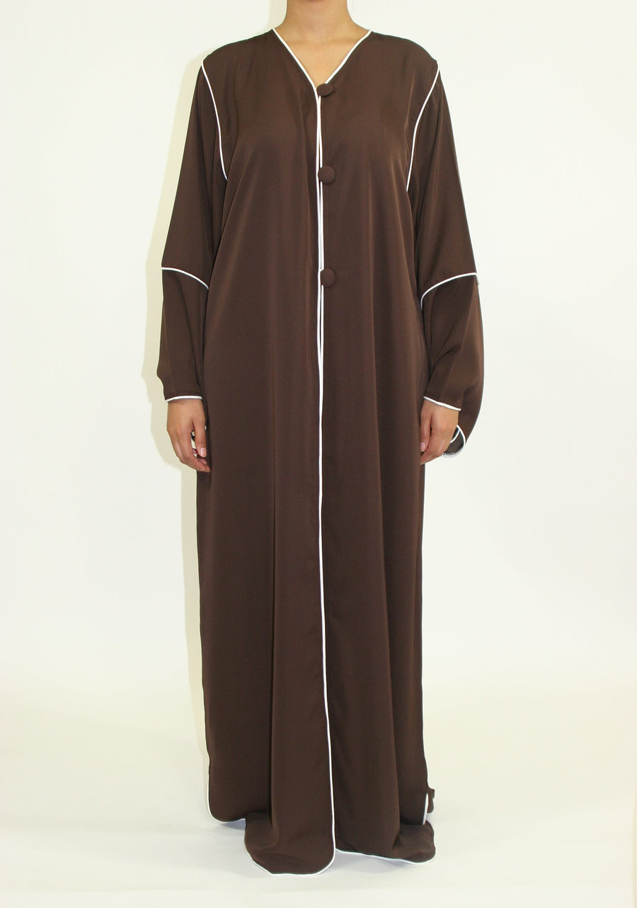 Dark brown open maxi jacket with satin piping, front view