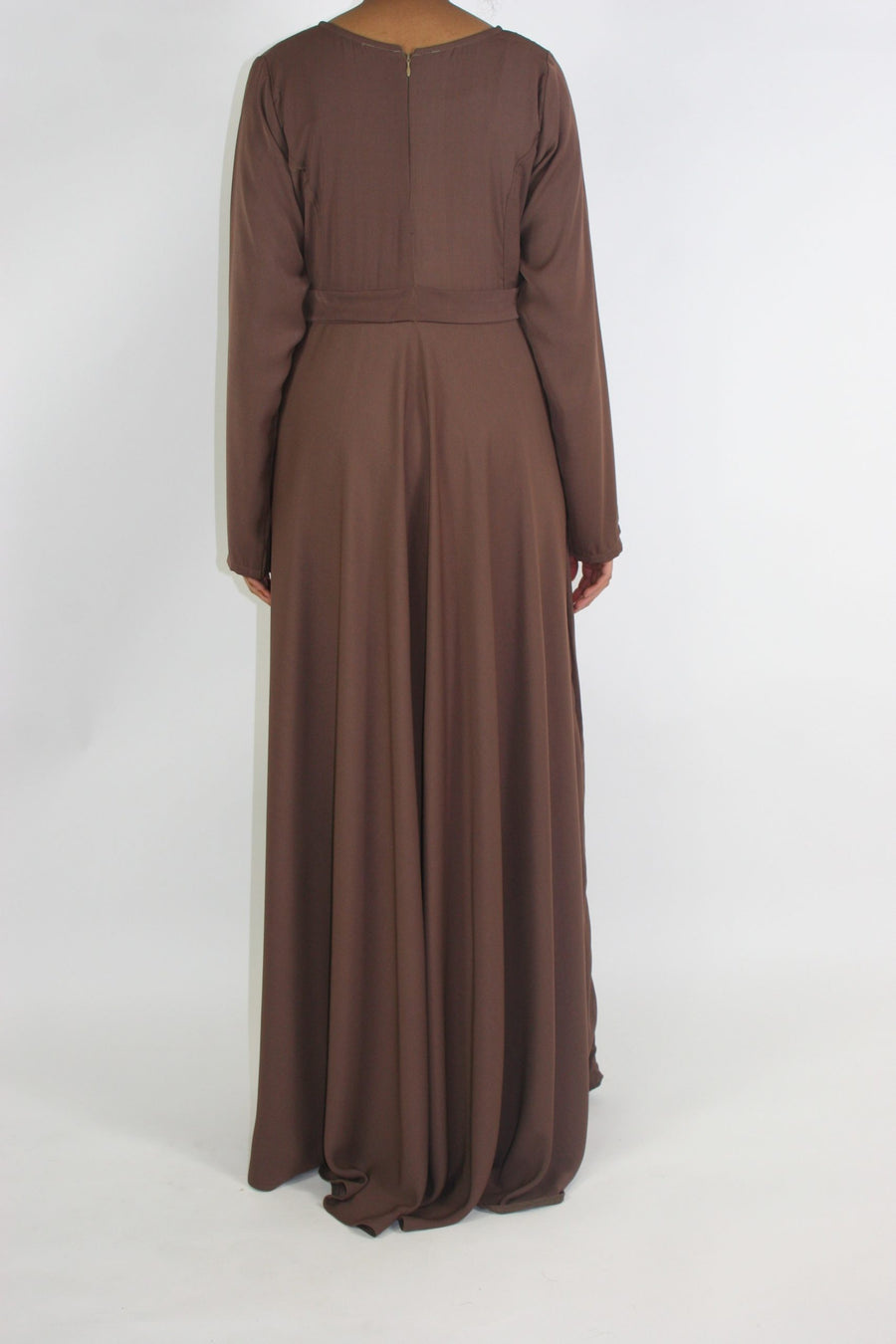 Chest pleat and tie-belt detail on the brown A-line maxi dress