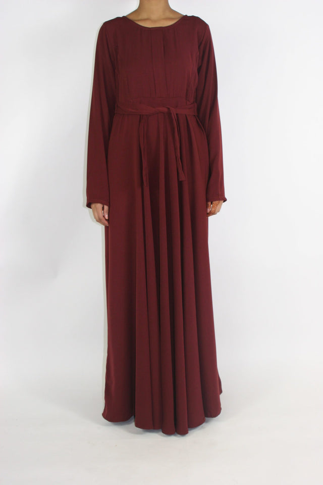 A-line pleated long-sleeve modest maxi dress, front view