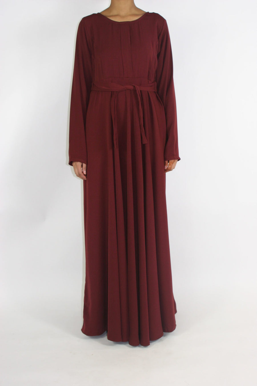A-line pleated long-sleeve modest maxi dress, front view