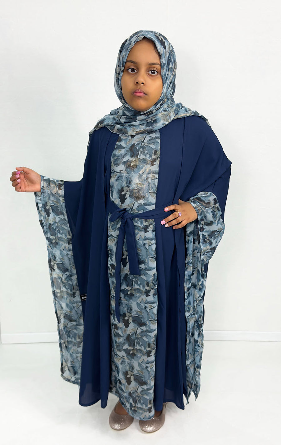 Girls' navy farasha four piece abaya set, front view