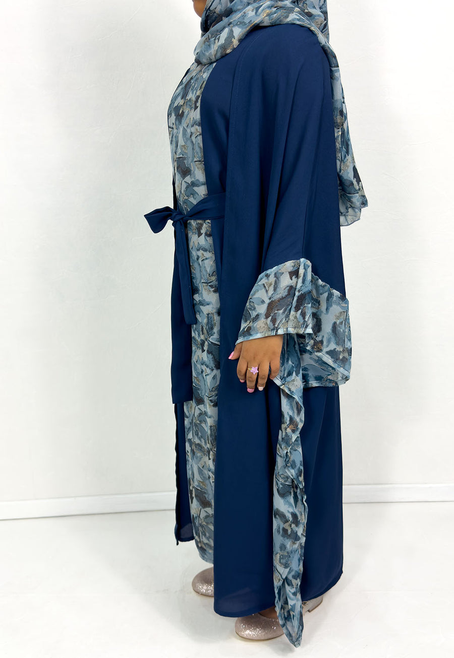 Girls' navy farasha abaya set showing shimmer chiffon inserts