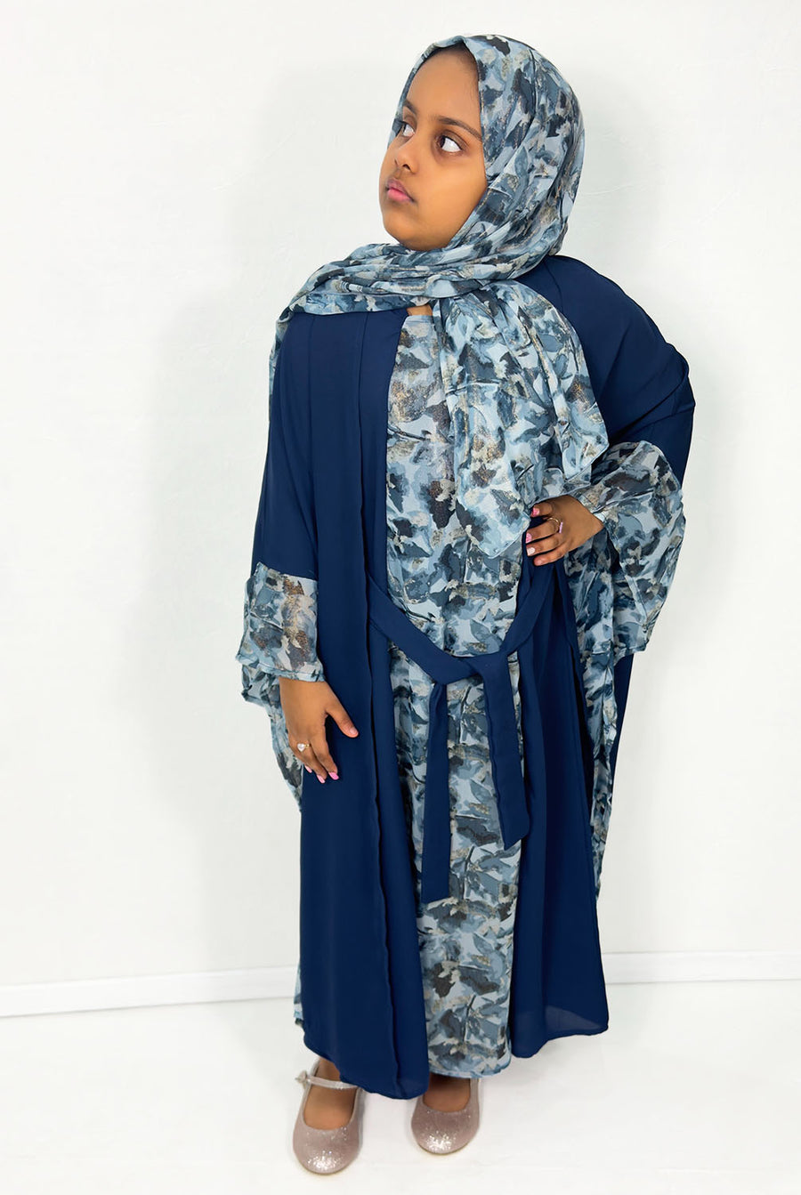 Girls' navy farasha abaya set with matching scarf