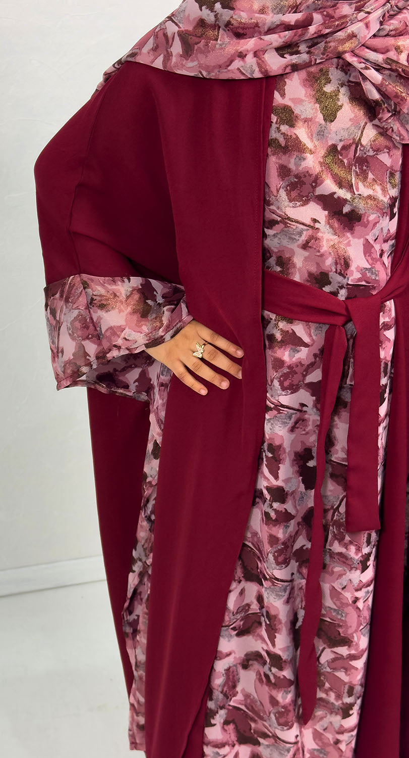 Girls' wine farasha abaya set with chiffon scarf