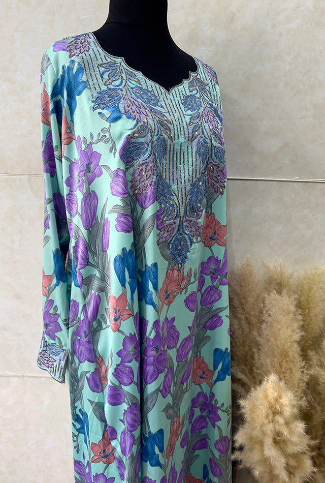 Purple floral embroidery mukhawar maxi dress, front view