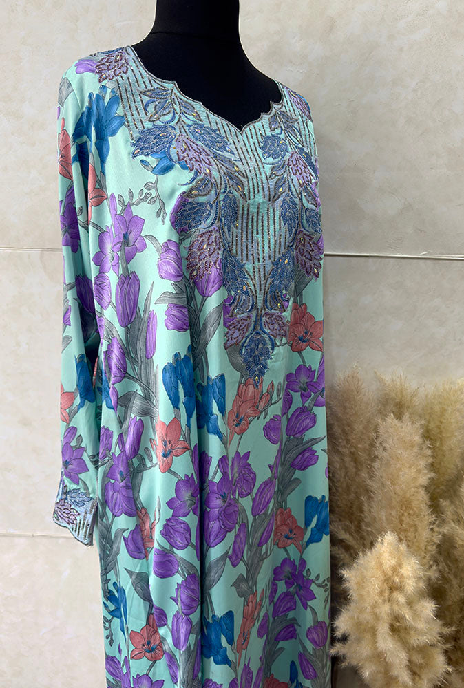 Purple floral embroidery mukhawar maxi dress, front view