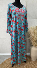 Red and turquoise floral print mukhawar maxi dress, front view