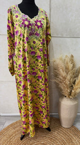 Yellow and fuchsia floral print mukhawar maxi dress, front view
