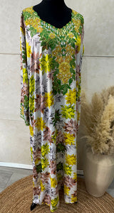Green and yellow floral embroidery mukhawar maxi dress, front view