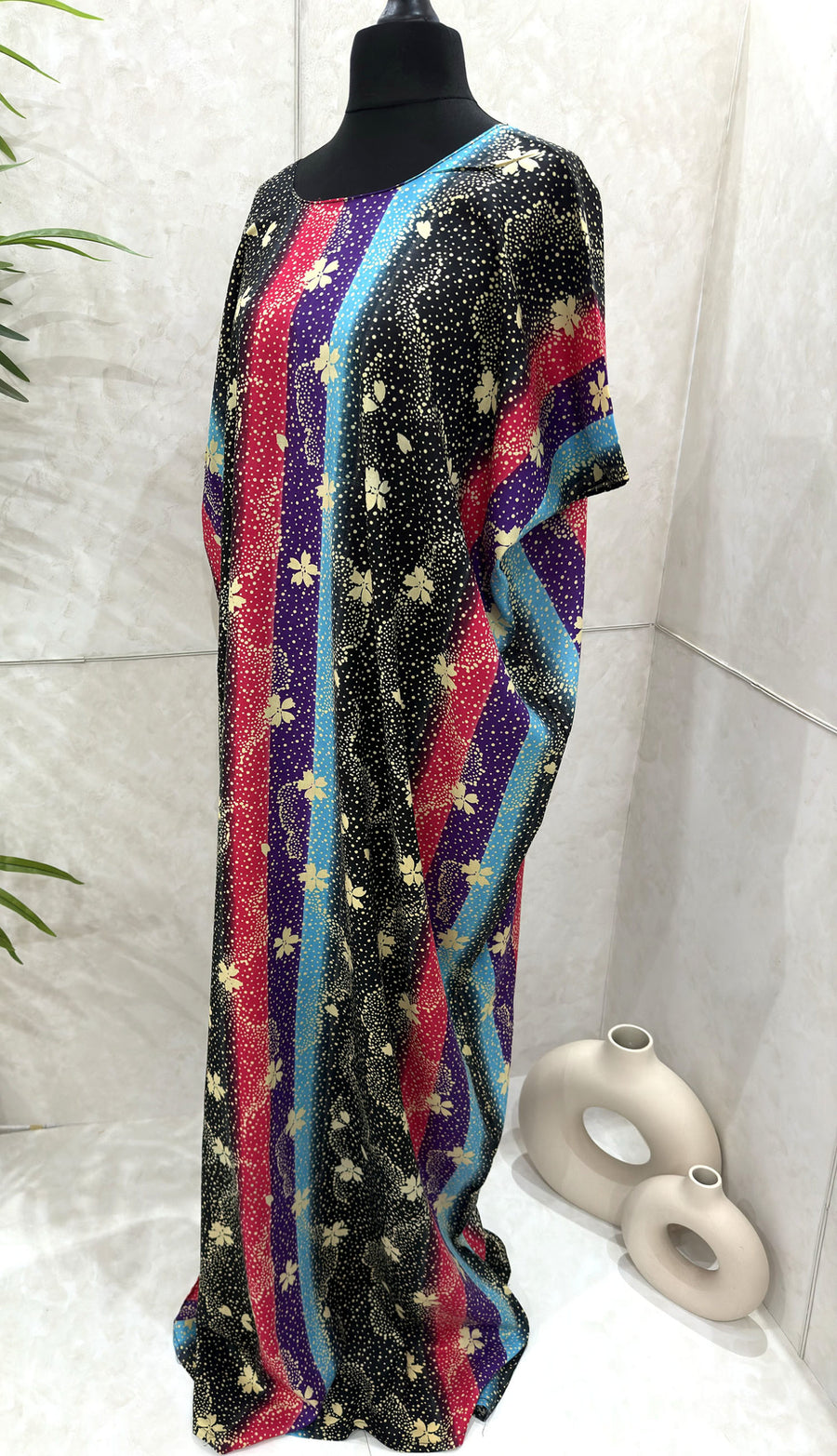 Black floral print cotton baati maxi dress, full-length front view