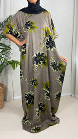 Taupe floral cotton baati maxi dress, full-length front view