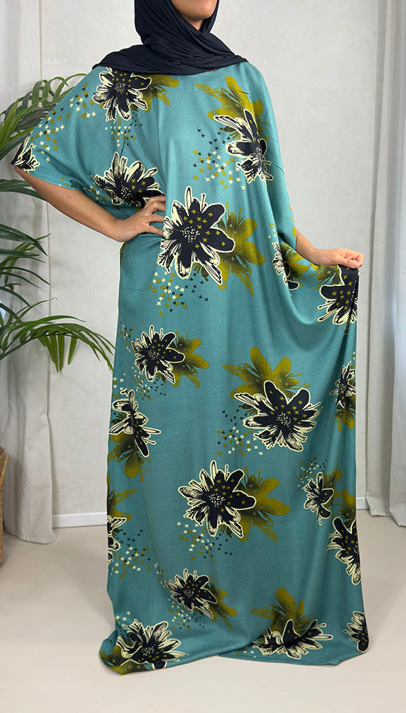 Bright teal floral cotton baati maxi dress, full-length front view