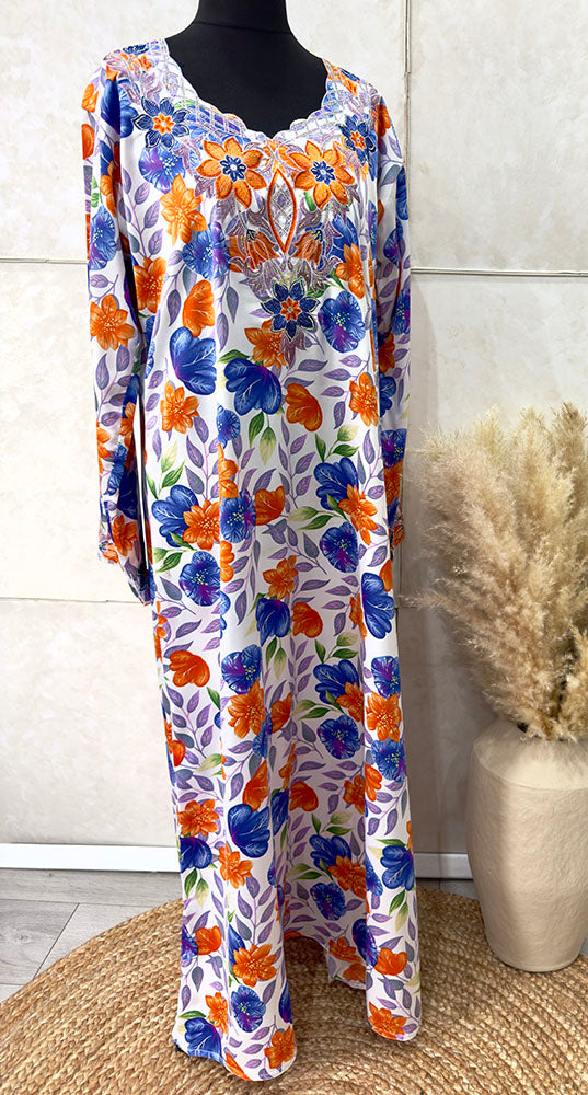 Red and orange floral print mukhawar maxi dress, front view