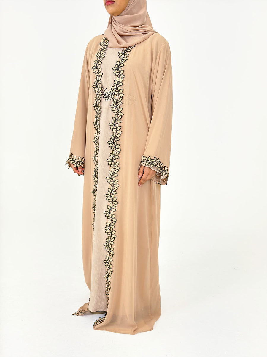 Lace leaf trim and crystal detail on the caramel chiffon abaya