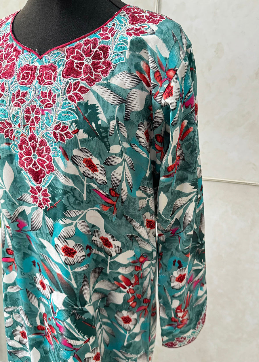 Embroidery and crystal neckline on the burgundy girls' mukhawar dress