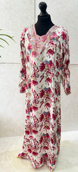 Girls' red floral mukhawar dress, front view