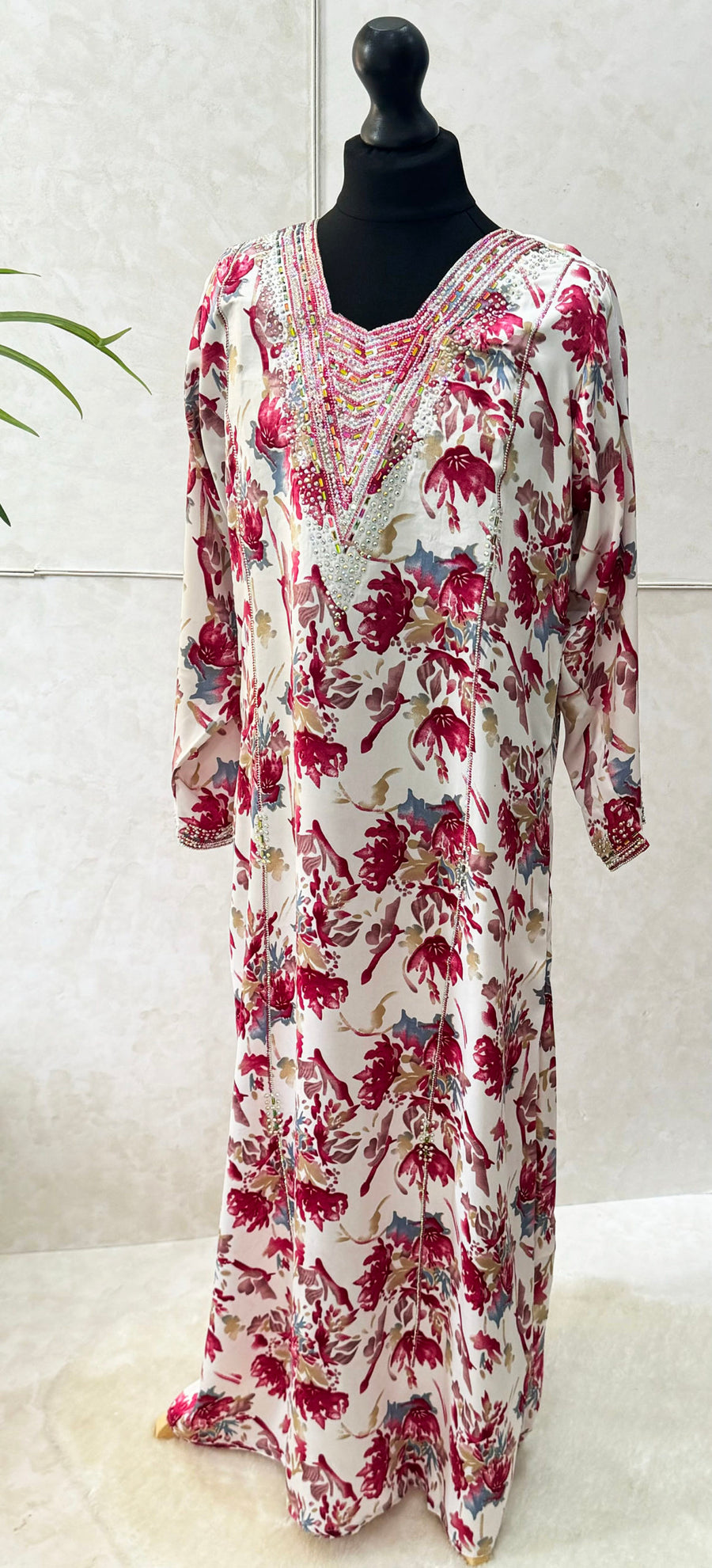 Girls' red floral mukhawar dress, front view