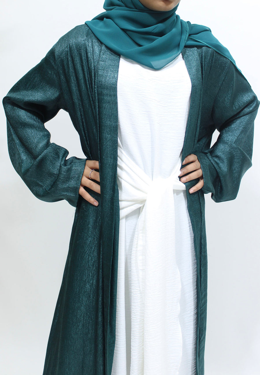 Full-length view of Amani's dark teal girls' open jacket abaya set